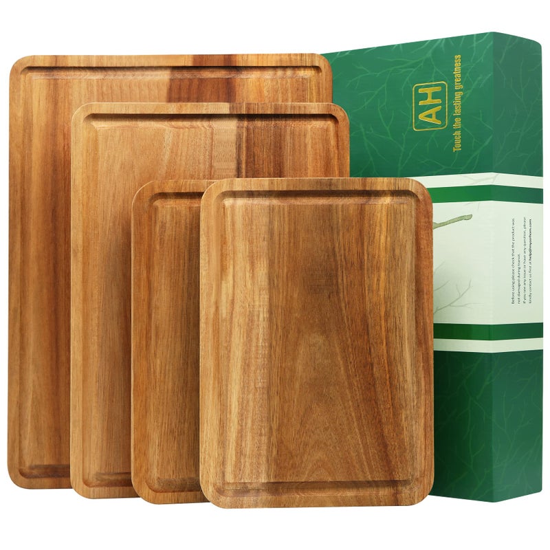 AZRHOM Large Wood Cutting Boards Set of 4 for Kitchen Cheese Charcuterie Board (Gift Box Included) Acacia Butcher Block with Non-slip Mats, Juice Groove and Handles (16x12, 14x10, double 11x8 inch) - Image 1