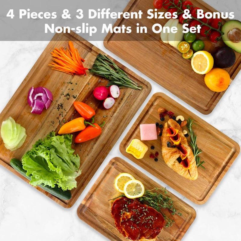AZRHOM Large Wood Cutting Boards Set of 4 for Kitchen Cheese Charcuterie Board (Gift Box Included) Acacia Butcher Block with Non-slip Mats, Juice Groove and Handles (16x12, 14x10, double 11x8 inch) - Image 2