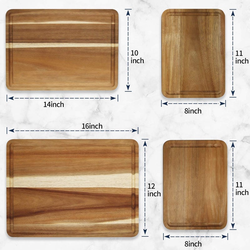 AZRHOM Large Wood Cutting Boards Set of 4 for Kitchen Cheese Charcuterie Board (Gift Box Included) Acacia Butcher Block with Non-slip Mats, Juice Groove and Handles (16x12, 14x10, double 11x8 inch) - Image 5