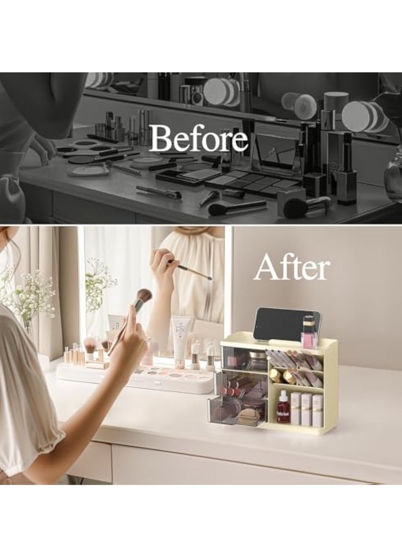 YelaJoy منظم مكياج مع أدراج، منظم متعدد الوظائف لسطح الطاولة، منظم مكتبي قابل للتكديس لفرش المكياج، أحمر الشفاه، العناية بالبشرة، تنظيم وتخزين حمام الزينة، عاجي - Image 4