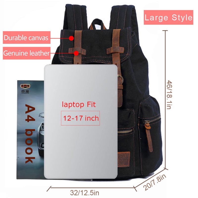 AUGUR High Capacity Canvas Vintage Backpack - for Camping Hiking Travel 12-17" Laptop, Black, Large, Rucksack Backpacks - Image 2