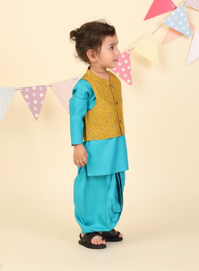 Fabindia Teal Viscose Blend Hand Block Printed 3Pc Dhoti Set - Image 2