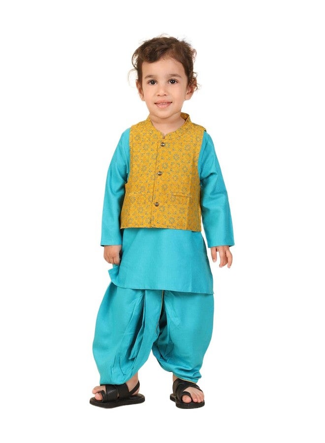 Fabindia Teal Viscose Blend Hand Block Printed 3Pc Dhoti Set - Image 1