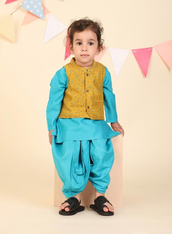 Fabindia Teal Viscose Blend Hand Block Printed 3Pc Dhoti Set - Image 4