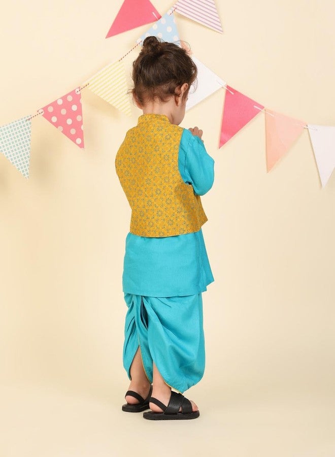 Fabindia Teal Viscose Blend Hand Block Printed 3Pc Dhoti Set - Image 3