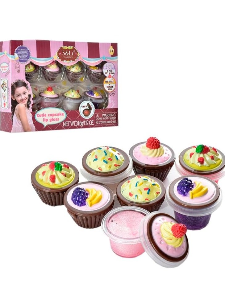 S&Li Kid Girls Lip Gloss Set 8 Cupcake Princess Tools  - Image 2