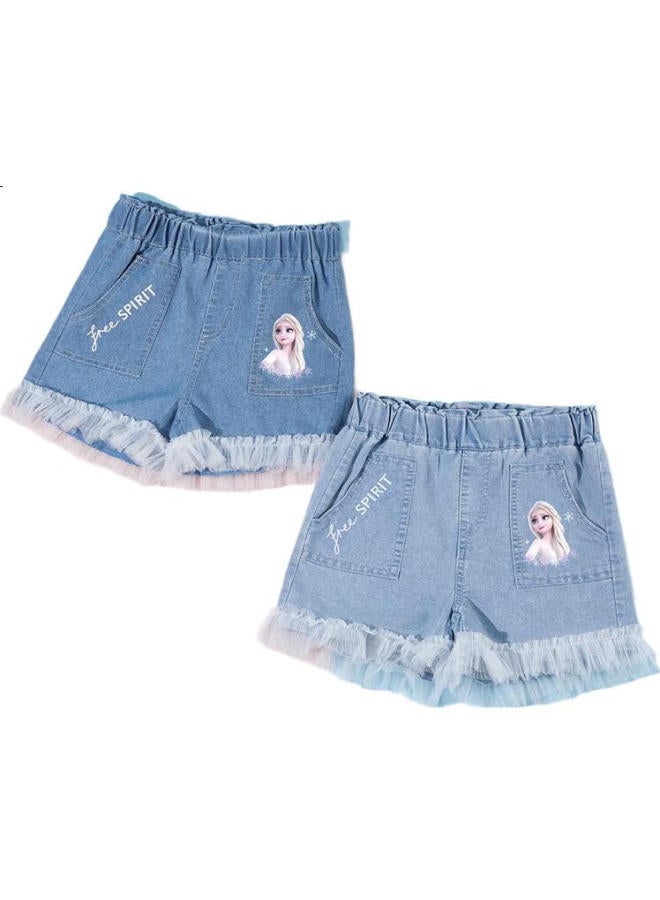Disney Elsa Princess Girls' Denim Shorts, Summer Children'S Pants, Girls' Knee-Length Shorts Lx82179, Light Blue 130 - Image 1