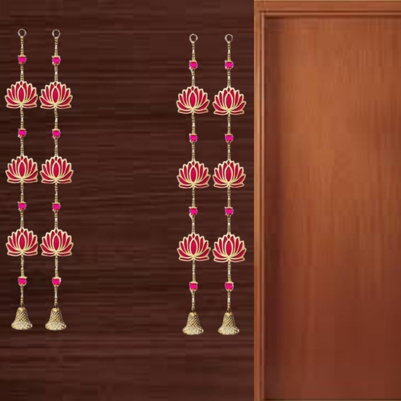 PREETENCY Pack of 2 Pair Indian Decoration Lotus Bell Shape Wall Door Hanging Lotus Latkan Toran with Bells30x4inchMain Door Entrance Pooja Room Home Templ Festival DecorRed Color  - Image 2
