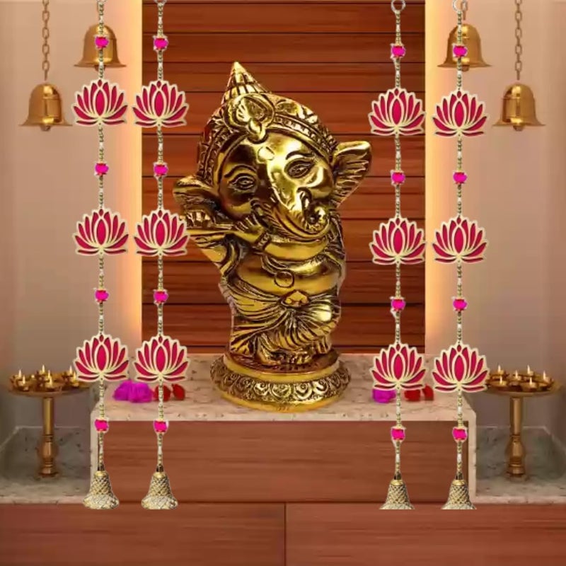 PREETENCY Pack of 2 Pair Indian Decoration Lotus Bell Shape Wall Door Hanging Lotus Latkan Toran with Bells30x4inchMain Door Entrance Pooja Room Home Templ Festival DecorRed Color  - Image 1