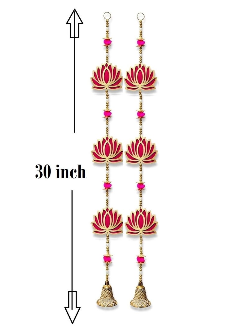 PREETENCY Pack of 2 Pair Indian Decoration Lotus Bell Shape Wall Door Hanging Lotus Latkan Toran with Bells30x4inchMain Door Entrance Pooja Room Home Templ Festival DecorRed Color  - Image 3
