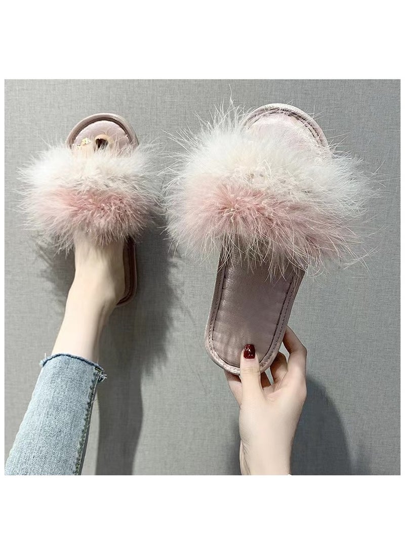 JOSQUEWNN - Women's Fluffy Pom Pom Feather Slipper Memory Foam Cozy Slippers House Bedroom Fuzzy Slippers for Women - Image 1