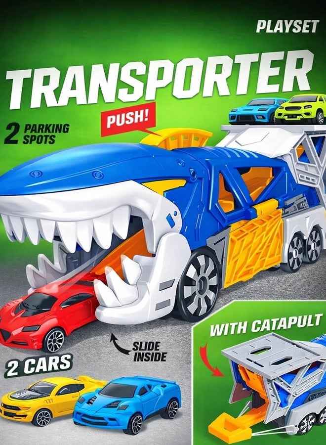 Spindoo Shark Transporter Truck Toy for Kids – Take Apart DIY Car Carrier with Launcher, 2 Mini Cars Included, Shark Catapult Racing Playset, STEM Construction Vehicle Gift for Boys & Girls 3+ Years - Image 2
