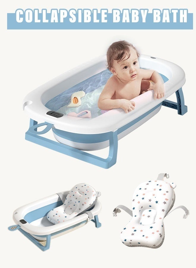 DURKU Collapsible, Foldable Baby Bath Tub with Cushion Pad, Temperature Sensing, Non-Slip Support Leg for Newborn, Toddler, Infant, Blue - Image 1