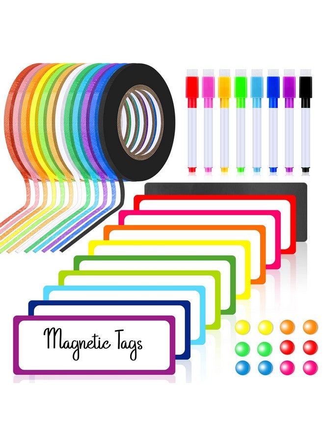 مينبلان مجموعة إكسسوارات السبورة البيضاء المكونة من 176 قطعة تتضمن 144 ملصقًا مغناطيسيًا قابلًا للمسح الجاف و12 لفة من شريط السبورة البيضاء الرقيق و8 أقلام تحديد مغناطيسية ذات رأس رفيع قابلة للمسح الجاف و12 زرًا مغناطيسيًا دائريًا للتخطيط للمدرسة والمكتب والمنزل - Image 1