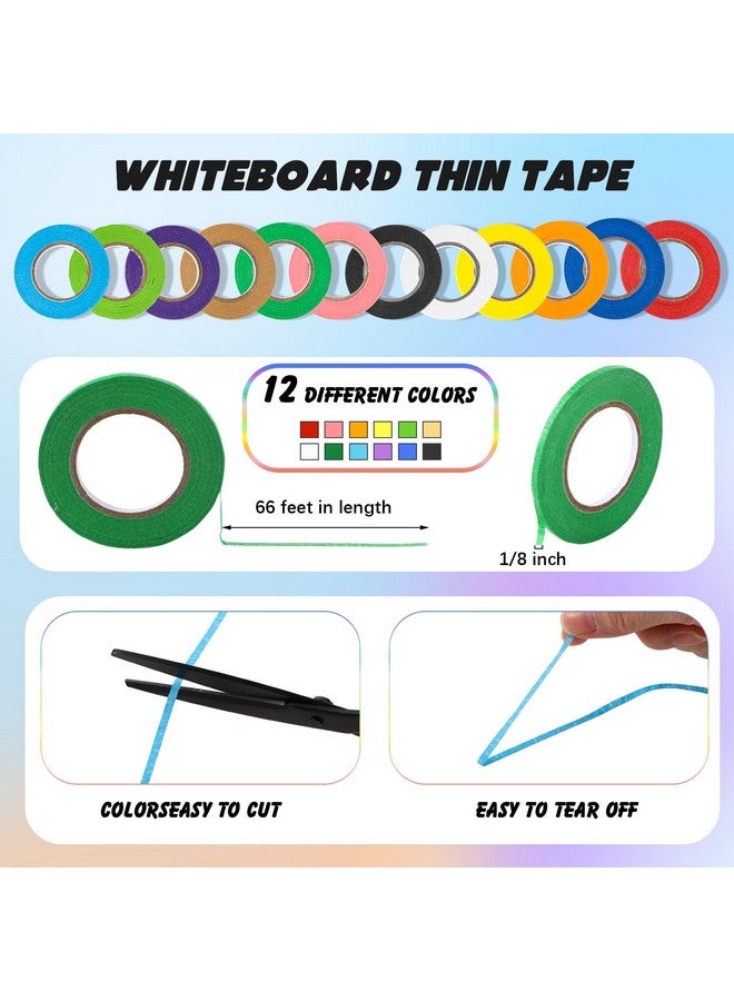 مينبلان مجموعة إكسسوارات السبورة البيضاء المكونة من 176 قطعة تتضمن 144 ملصقًا مغناطيسيًا قابلًا للمسح الجاف و12 لفة من شريط السبورة البيضاء الرقيق و8 أقلام تحديد مغناطيسية ذات رأس رفيع قابلة للمسح الجاف و12 زرًا مغناطيسيًا دائريًا للتخطيط للمدرسة والمكتب والمنزل - Image 3