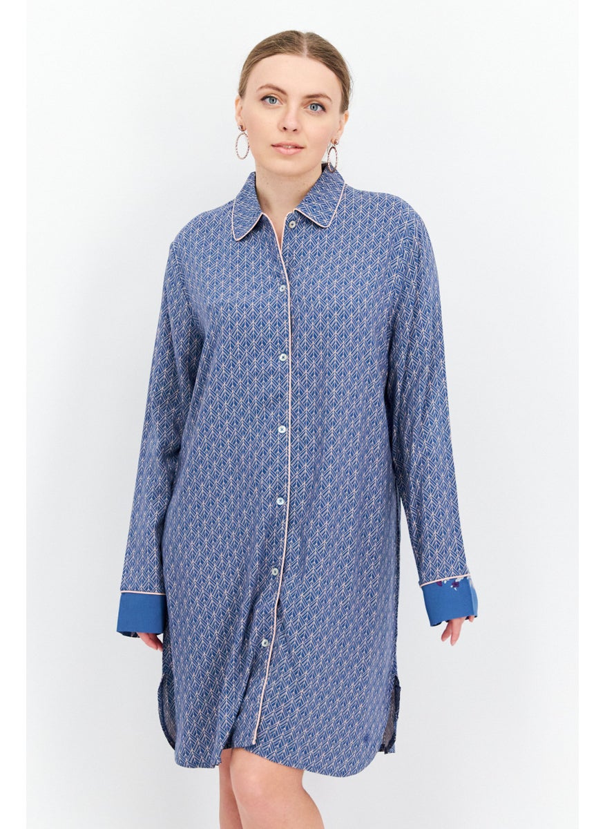TRIUMPH Women Spread Neck Long Sleeves Allover Print Night Dress, Blue Combo  - Image 1