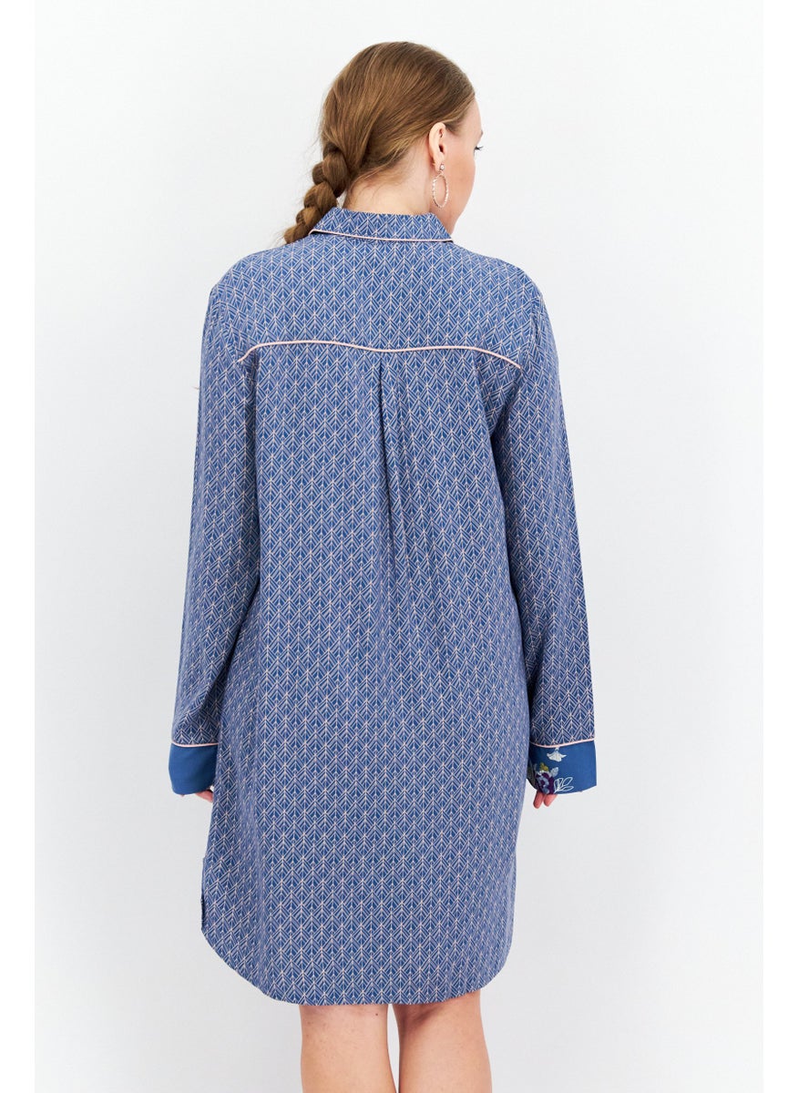 TRIUMPH Women Spread Neck Long Sleeves Allover Print Night Dress, Blue Combo  - Image 4