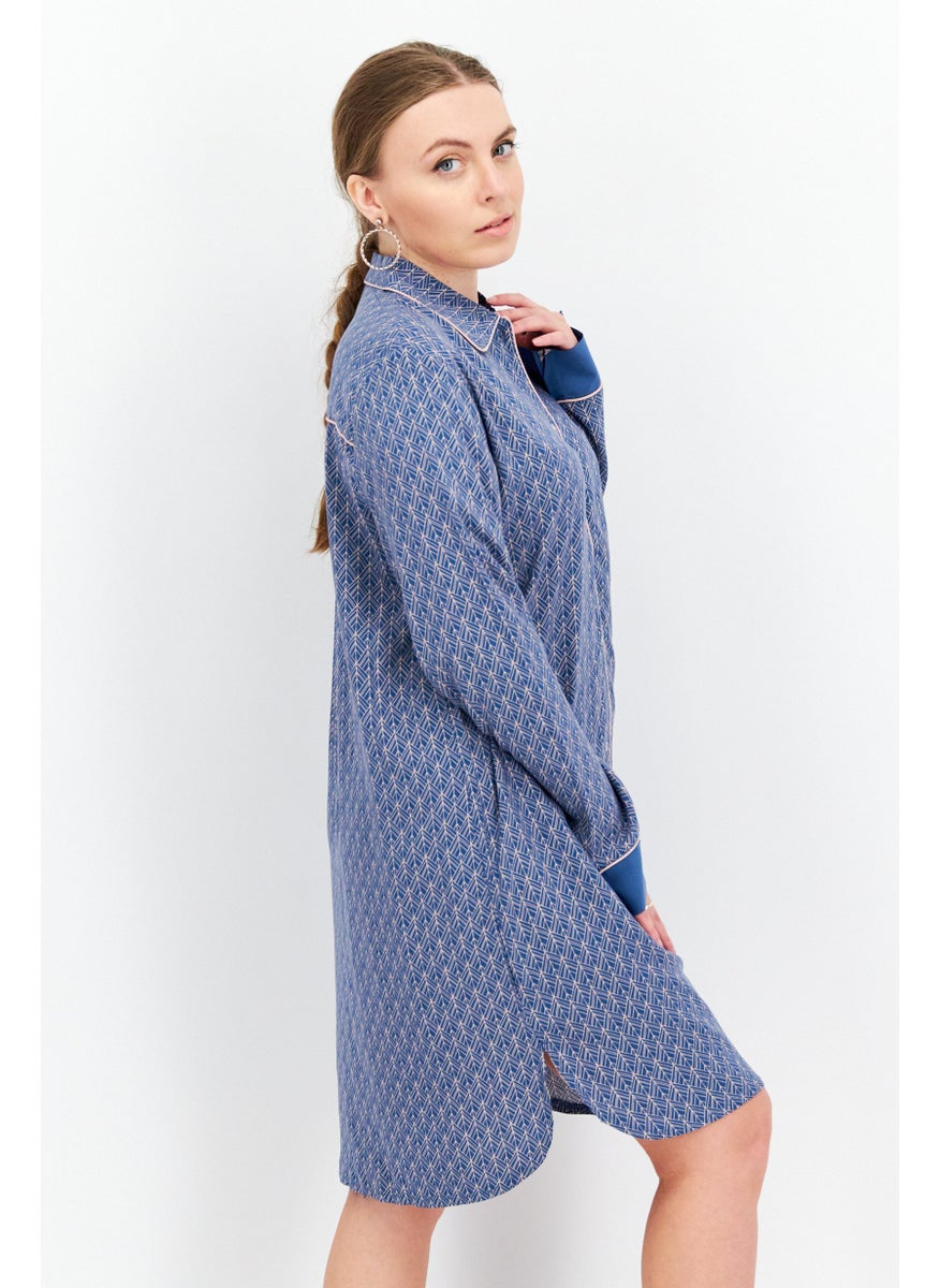 TRIUMPH Women Spread Neck Long Sleeves Allover Print Night Dress, Blue Combo  - Image 2