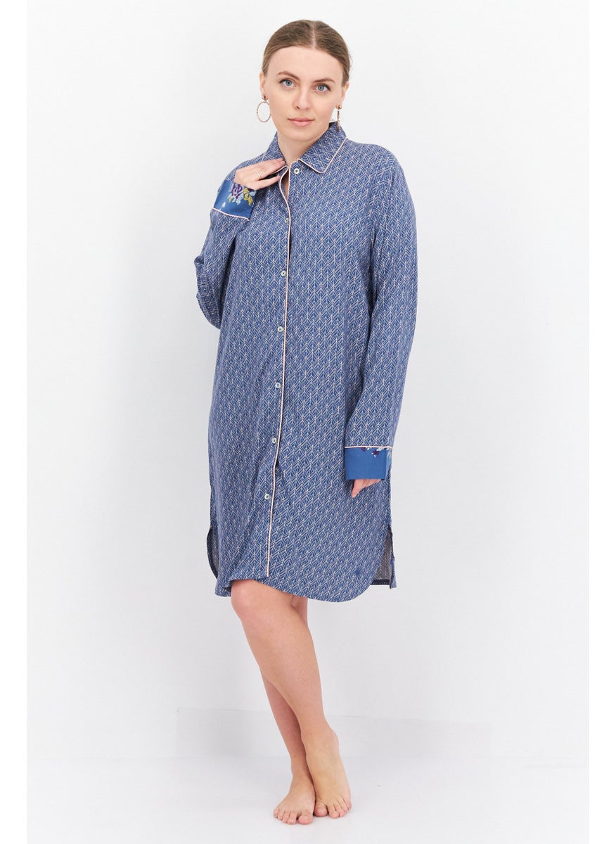 TRIUMPH Women Spread Neck Long Sleeves Allover Print Night Dress, Blue Combo  - Image 3