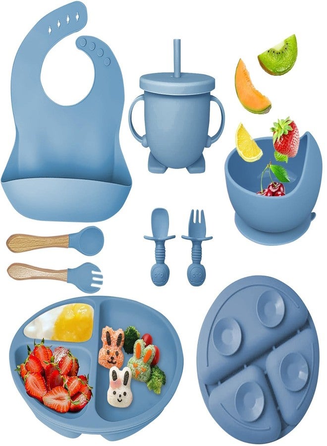 opriQ 6PCS Silicone Baby Feeding Set | Baby-Led Weaning Essentials with Suction Bowl, Divided Plate, Bib, Spoon, Fork & Cup | BPA-Free, Food-Grade, Dishwasher & Microwave Safe (Blue) - Image 1