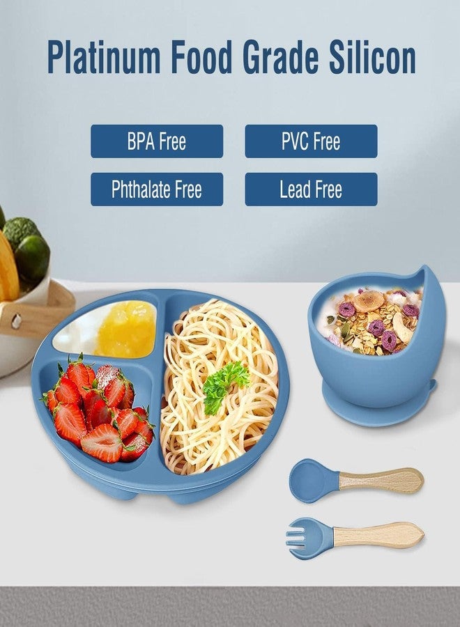 opriQ 6PCS Silicone Baby Feeding Set | Baby-Led Weaning Essentials with Suction Bowl, Divided Plate, Bib, Spoon, Fork & Cup | BPA-Free, Food-Grade, Dishwasher & Microwave Safe (Blue) - Image 3