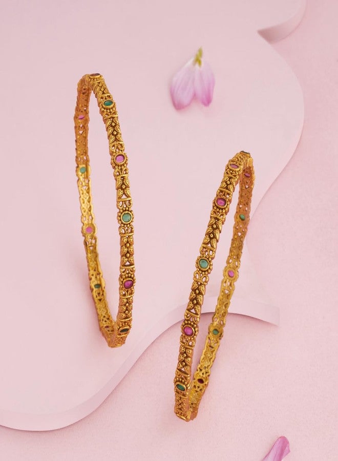 KUSHAL'S Fashion Jewellery Ruby-Green Gold Polished Copper Antique Bangles, Best for Casual wear & Special Occasion - 447560 - Image 2