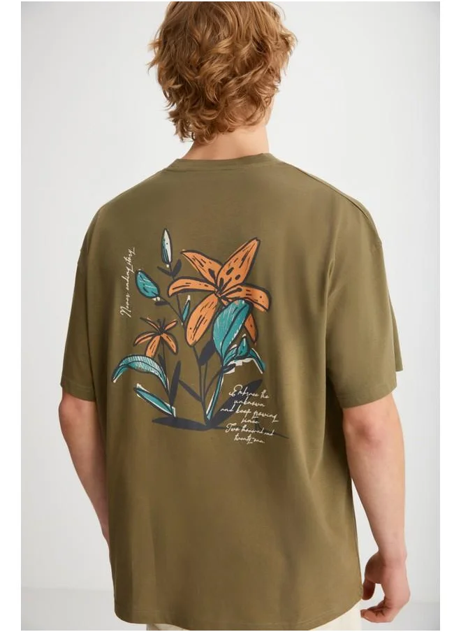 GRIMELANGE Grimelange Kailen Men's Cotton Short Sleeve Printed Khaki T-Shirt