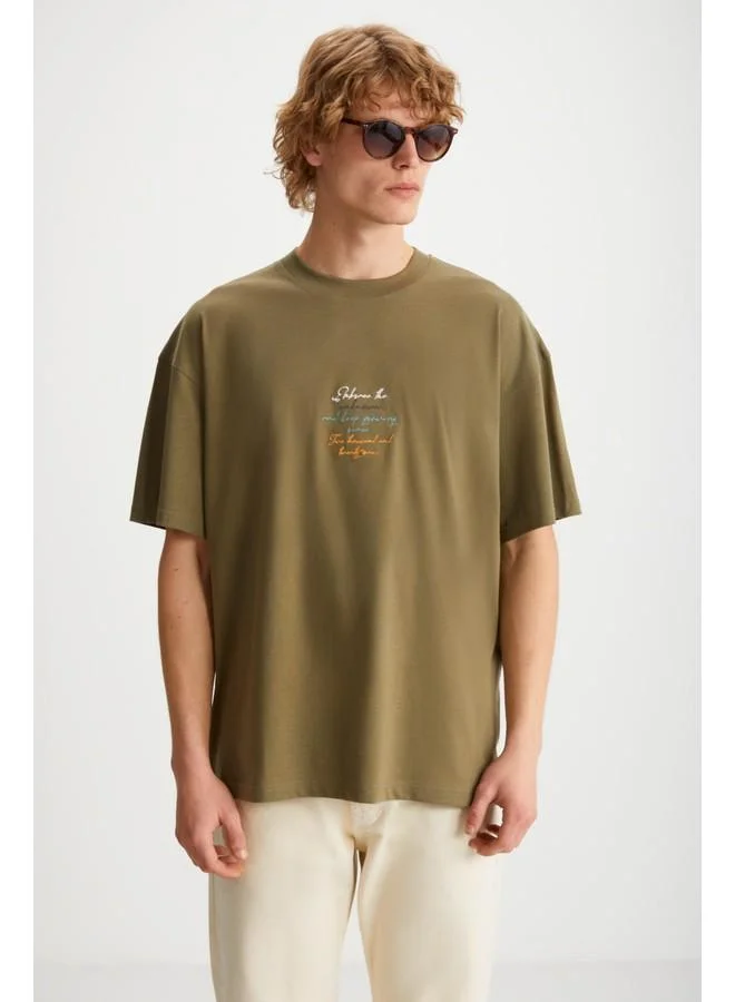 GRIMELANGE Grimelange Kailen Men's Cotton Short Sleeve Printed Khaki T-Shirt