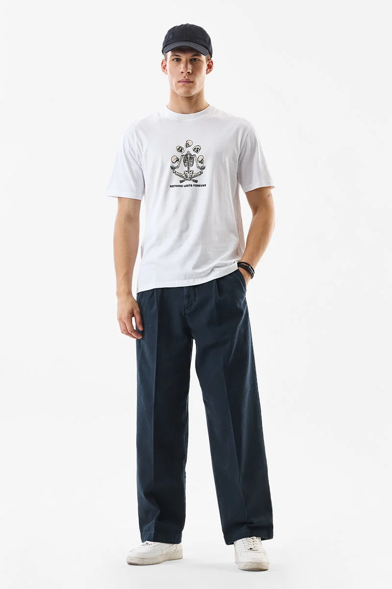 SNITCH Navy Blue Textured Wide Leg Casual Trousers