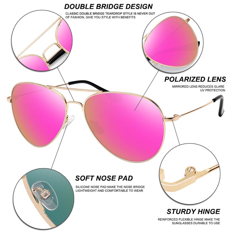 WOWSUN Classic Polarized Aviator Sunglasses for Women Men (Golden Frame Purple Pink Mirrored Lens) - Image 3
