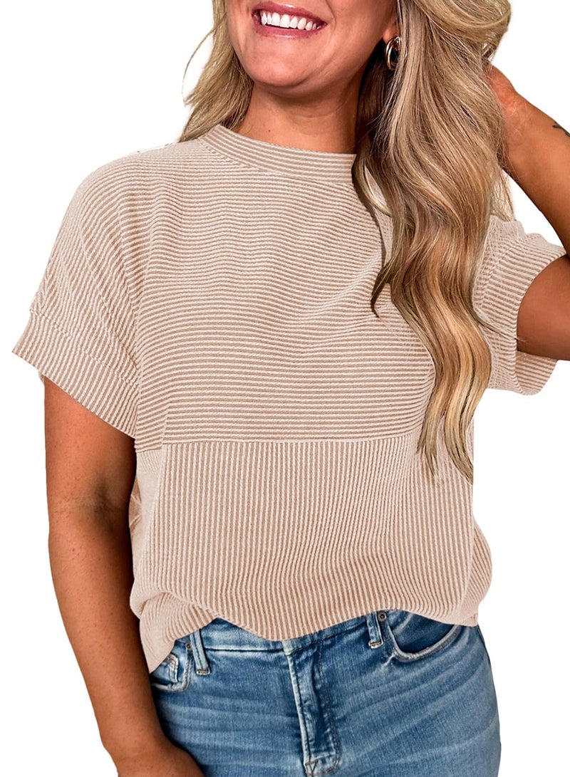 EVALESS Short Sleeve Shirts for Women Trendy Teacher Outfits Ribbed Knit Striped Womens Tops Casual Spring Summer Tops Cute Crewneck Loose Fit Patchwork T Shirts Light Khaki Medium - Image 1