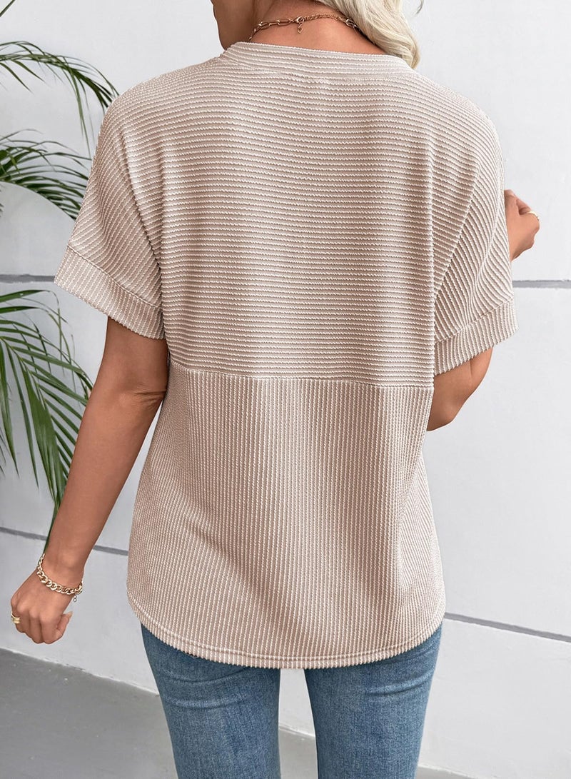 EVALESS Short Sleeve Shirts for Women Trendy Teacher Outfits Ribbed Knit Striped Womens Tops Casual Spring Summer Tops Cute Crewneck Loose Fit Patchwork T Shirts Light Khaki Medium - Image 3