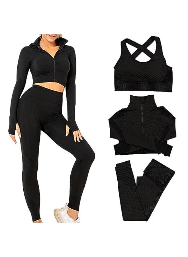 NIBEMINENT Women's 3pcs Seamless Workout Outfits Sets, Yoga Sportswear Tracksuit Leggings and Stretch Sports Bra Fitness - Image 1
