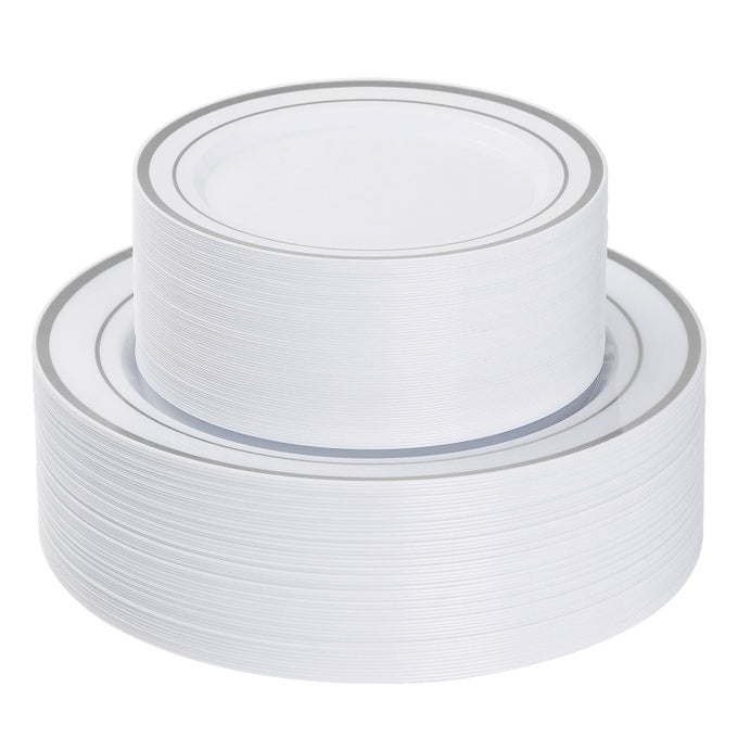 120PCS SILVER PLASTIC PLATES HEAVY DUTY DISPOSABLE SILVER PLATES WITH 60 1025 INCH DINNER PLATES AND 60 75 INCH DESSERT PLATES DISPOSABLE PLATES FOR PARTY HOLIDAY WEDDING