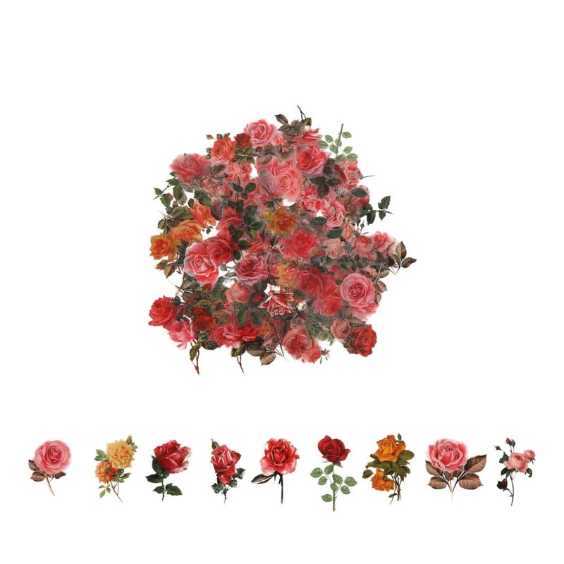 Obujopal 100Pcs Small Rose Stickers Vintage for Scrapbooking Envelope Water Bottle Laptop Junk Journal Collage Card Making Phone Case Planner DIY Crafts, 50 Designs - Image 2