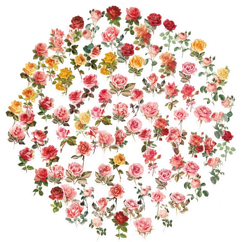 Obujopal 100Pcs Small Rose Stickers Vintage for Scrapbooking Envelope Water Bottle Laptop Junk Journal Collage Card Making Phone Case Planner DIY Crafts, 50 Designs - Image 1