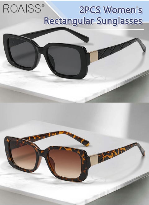 2PCS Women's Rectangular Sunglasses, UV400 Protection Sun Glasses, Fashion Decorative Eyewear for Outdoor Party Street Photography, Black and Leopard