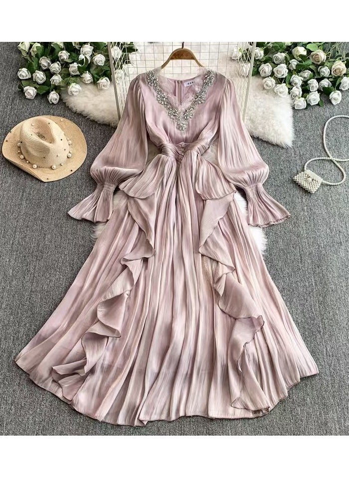KUYING New Fashion Heavy Industry Embroidered Beads and Diamonds V-neck Waist Collection Style Palace Style Dress  - Image 1