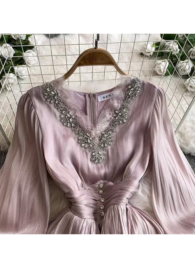 KUYING New Fashion Heavy Industry Embroidered Beads and Diamonds V-neck Waist Collection Style Palace Style Dress  - Image 2