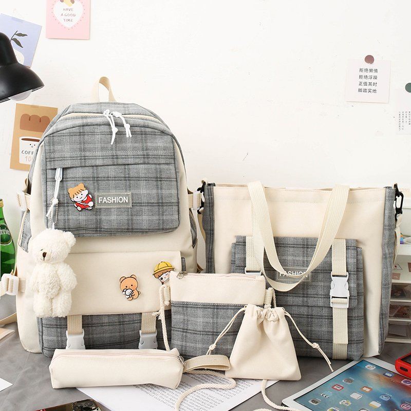 Cute Plaid Elementary School Backpack 5-Piece Set Black 