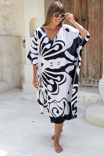 Back From Bali Womens Swimsuit Cover Up Long Maxi Beach Kaftan Flowy Boho Black Loose Tunic Dress Rayon - Image 4