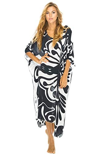 Back From Bali Womens Swimsuit Cover Up Long Maxi Beach Kaftan Flowy Boho Black Loose Tunic Dress Rayon - Image 1