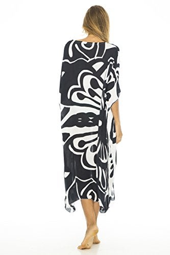 Back From Bali Womens Swimsuit Cover Up Long Maxi Beach Kaftan Flowy Boho Black Loose Tunic Dress Rayon - Image 2