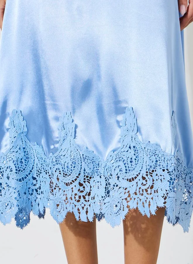 Styli  Blue Solid Lace Hem Puff Sleeves Midi Dress for Women | Best Price UAE