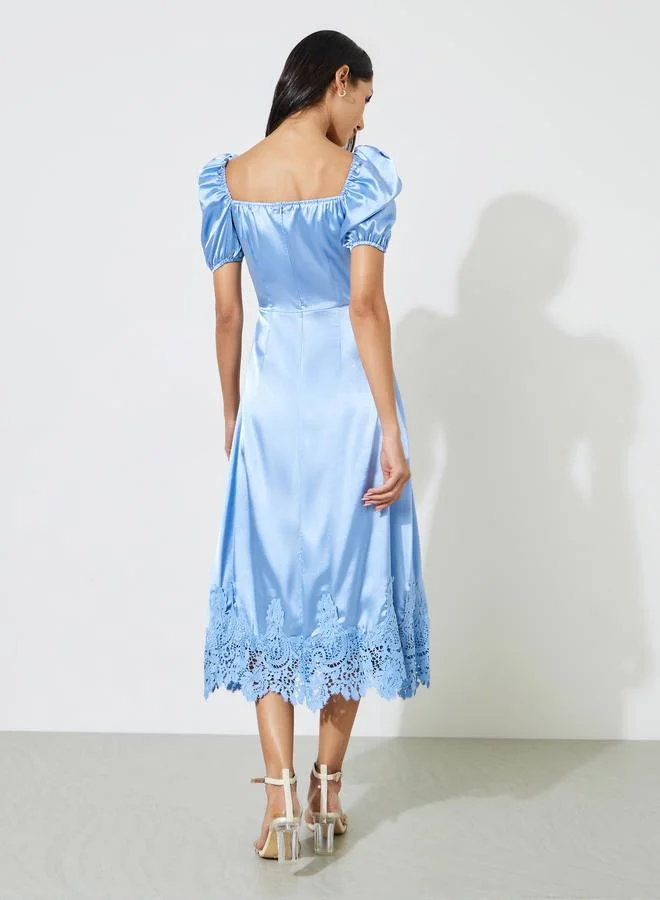 Styli  Blue Solid Lace Hem Puff Sleeves Midi Dress for Women | Best Price UAE