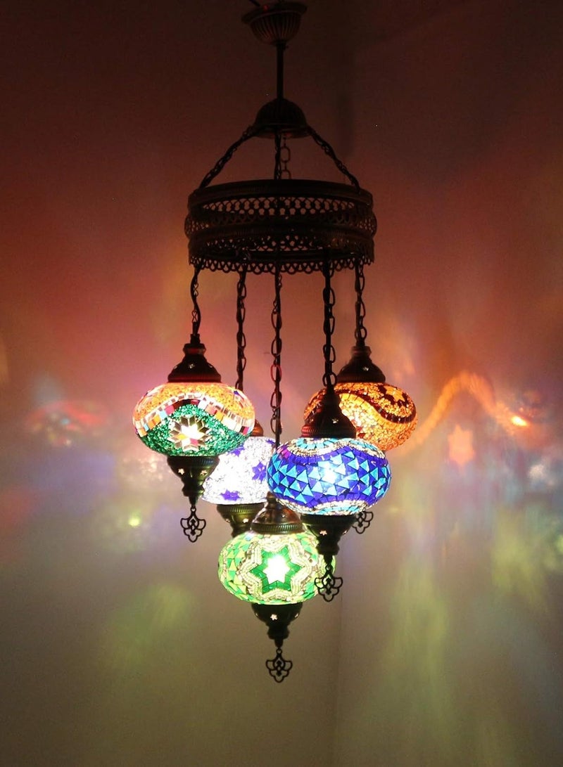 Quick Cart Turkish Mosaic Chandelier 5-Globe Ceiling Lamp Bohemian Hanging Pendant Light | Perfect for House warming, Birthday & Anniversery Gift | Perfect For Office & Hotel  - Image 1
