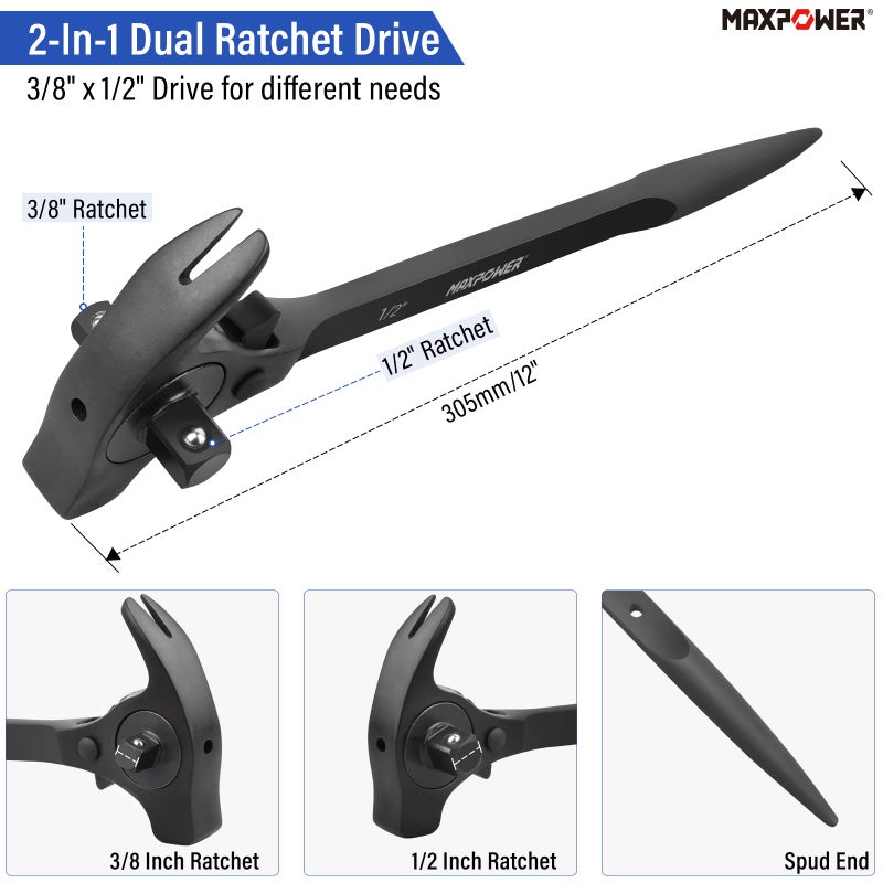 MAXPOWER 1/2" and 3/8" Drive Scaffold Ratchet Wrench, Podger Spanner with Claw Hammer, Crowbar, Pry Bar and Nail Puller Functions - Image 2