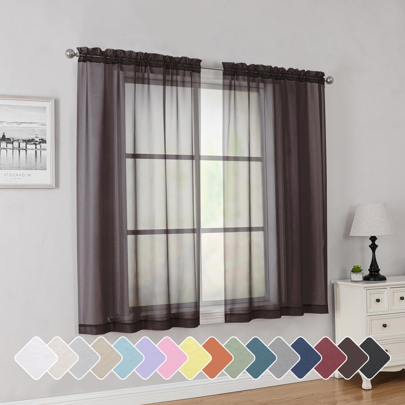 Simplebrand Chocolate Short Sheer Curtains 45 Inch Length for Small Windows Rod Pocket 2 Panels Set Solid Voile Drapes Window Sheer Curtains for Bedroom Bathroom Kids Room Kitchen 42x45 Inch 2pcs