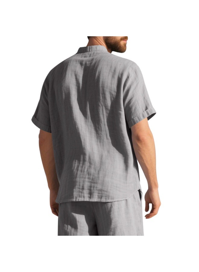 Men's Linen Short-Sleeved Shirt Summer Solid-Color Stand-Up Collar Loose-Pocket Casual Top for  - Image 3