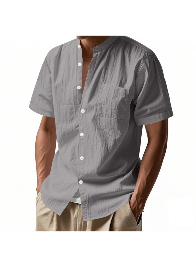 Men's Linen Short-Sleeved Shirt Summer Solid-Color Stand-Up Collar Loose-Pocket Casual Top for  - Image 2